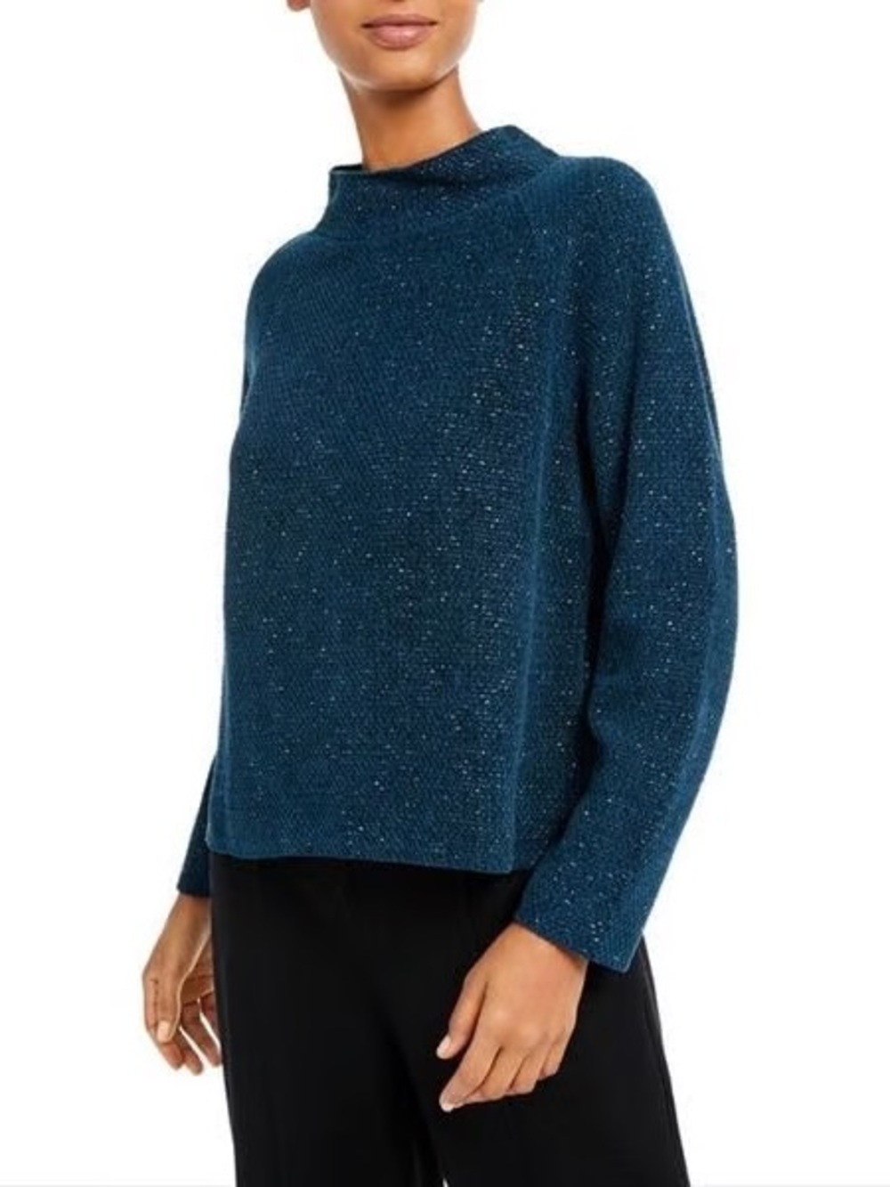 Eileen Fisher Cotton Chenille Mockneck Sweater Teal Size Small